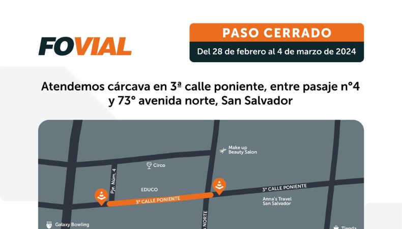 Fovial anuncia cierre de la 3a calle Poniente