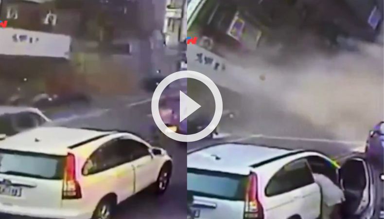 Momento exacto del derrumbe de un edificio por terremoto en Taiwán.