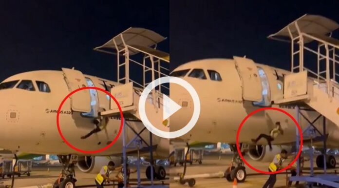 Graban el momento en el que un empleado cae desde un avión.