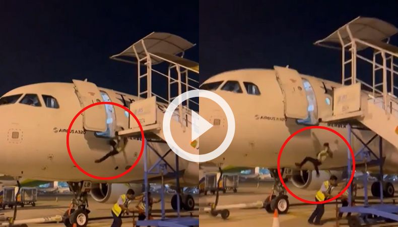 Graban el momento en el que un empleado cae desde un avión.