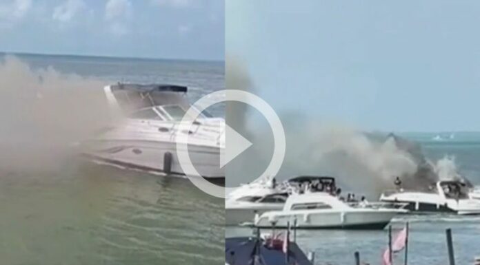 Un incendio dejó solo escombros de un yate que se incendió frente a la costa hotelera de Cancún, en México.