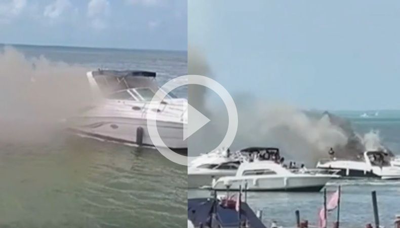 Un incendio dejó solo escombros de un yate que se incendió frente a la costa hotelera de Cancún, en México.