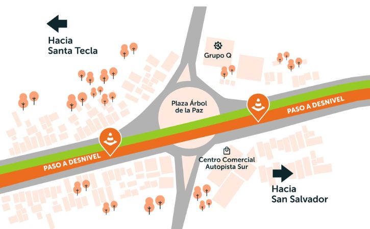 El paso a desnivel del Árbol de La Paz, hacia San Salvador, se encontrará cerrado, debido a trabajos que se encuentran realizando en la zona.