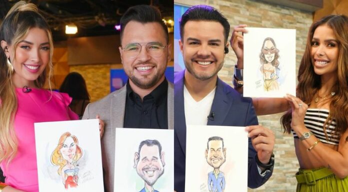 Mario, Alejandra, Larissa y Henry muestran el resultado de sus respectivas caricaturas en plena transmisión de VLM.