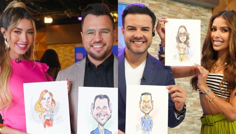 Presentadores de Viva la Mañana Mario, Alejandra, Larissa y Henry muestran el resultado de sus respectivas caricaturas en plena transmisión de VLM.