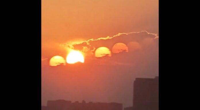 El fenómeno luminoso poco común fue captado por usuarios de redes sociales donde se observan los siete soles en un bello atardecer en China.