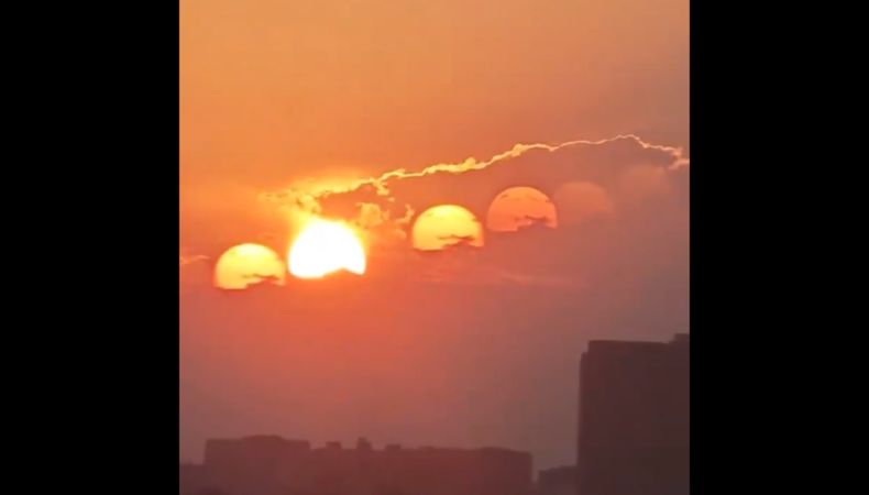 El fenómeno luminoso poco común fue captado por usuarios de redes sociales donde se observan los siete soles en un bello atardecer en China.