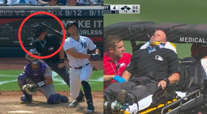 El bate de béisbol se quebró y terminó impactando en la integridad del Nick Mahrley durante el Yankees vs. Rockies