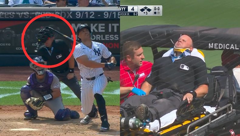 El bate de béisbol se quebró y terminó impactando en la integridad del Nick Mahrley durante el Yankees vs. Rockies