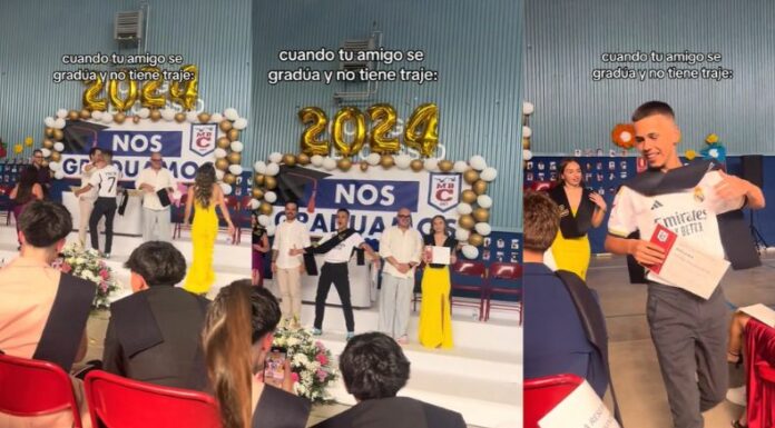 Un joven dejó atrás los trajes y utilizó la camiseta de Vinicius Jr durante su graduación.
