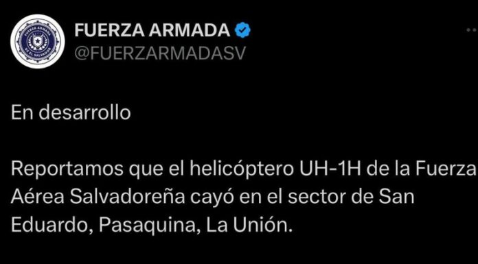 La Fuerza Aérea de El Salvador informó que el helicóptero que transportaba al ex gerente de COSAVI se estrelló en Pasaquina, La Unión.