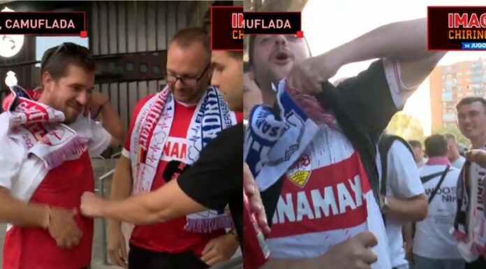 Para ingresar al estadio del Real Madrid, unos hinchas del Stuttgart tuvieron que ponerse la camiseta merengue.