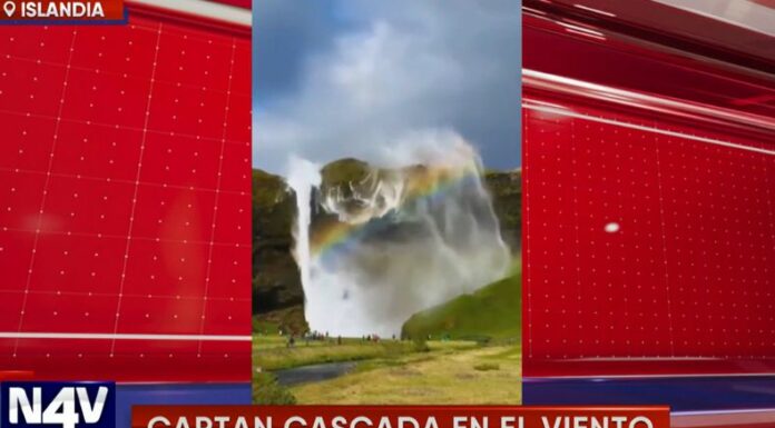 En Islandia, usuarios captan una sorprendente cascada en el viento y durante este suceso se forma un increíble arcoíris.