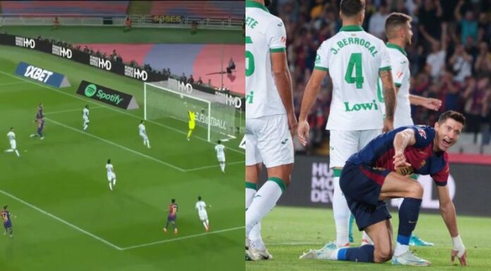 Tras un mal rechace de Soria, Lewandowski fusiló las redes para mantener la marcha perfecta del Barcelona en La Liga.