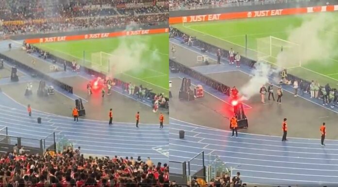 Hinchas del Athletic se excedieron en su celebración y arrojaron pirotecnia a un sector donde se encontraba simpatizantes de la Roma.