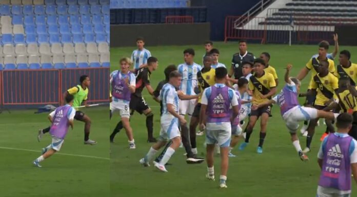 El partido entre las selecciones juveniles de Ecuador y Argentina vivió un feo pasaje con una batalla campal en medio de la cancha.