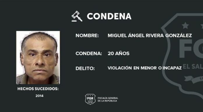 El Tribunal de Sentencia de Usulután condenó a un sujeto a 20 años de prisión por el delito de violación en menor e incapaz.