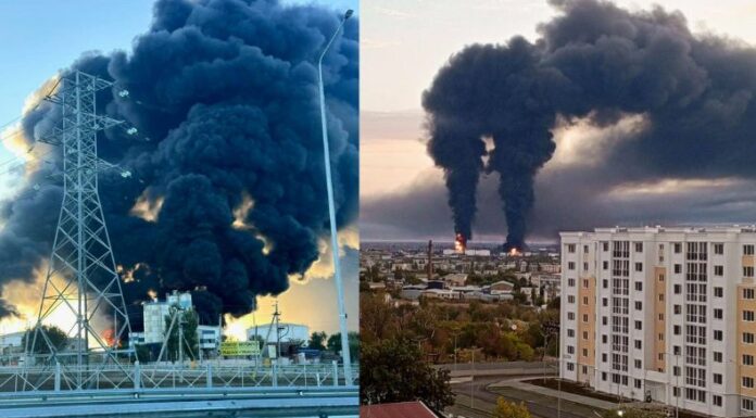 Cientos de evacuados tras incendio en terminal petrolera en Crimea. Este se generó por un ataque de drones.