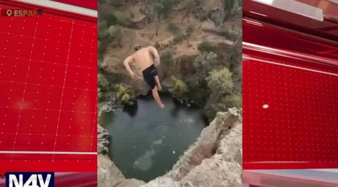 Un atleta francés batió récord a nivel mundial, saltando 44 metros de altura en un clavado en la cascada de la Cimbarra en España.