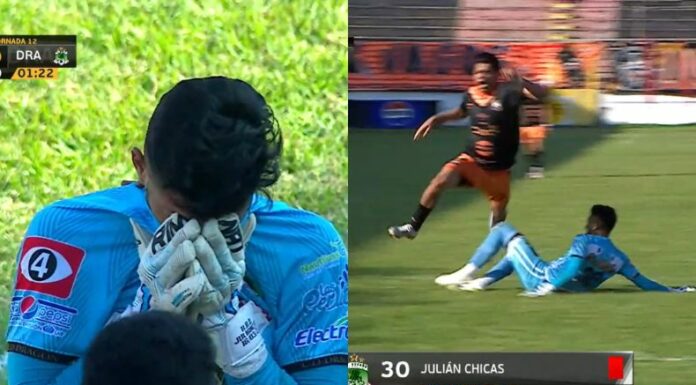 Dragón se quedó con uno menos en el partido contra Águila cuando Julián Chicas se barrió de lleno contra Kevin Reyes.
