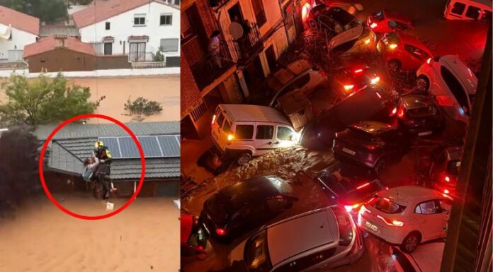 Valencia, España en crisis por las severas inundaciones. Los equipos de rescate evacuan a las personas vía aérea.
