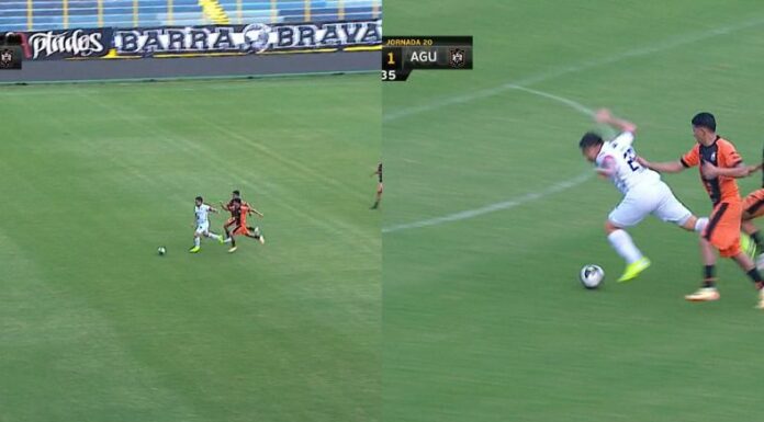 Por poco Rodolfo Zelaya marca gol en su regreso a las canchas, pero una falta por detrás le impidió lanzar un remate.