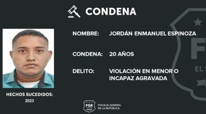 La Fiscalía General de la República (FGR) reportó que un hombre fue condenado a 20 años de prisión por abusar sexualmente de una menor.