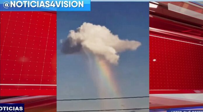 En redes sociales se hizo viral el momento en el que captan que un arcoíris parece que está saliendo de una nube.