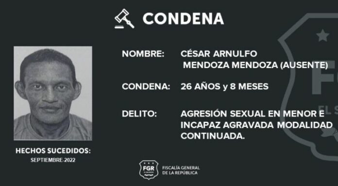 La Fiscalía General de la República (FGR) reportó que un hombre fue condenado a 26 años de prisión por agredir a una menor de edad.