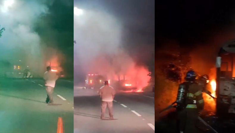 En el km. 18 ½ de la Autopista Comalapa, a la altura del distrito de Santo Tomás, Bomberos sofoca incendio de autobús.