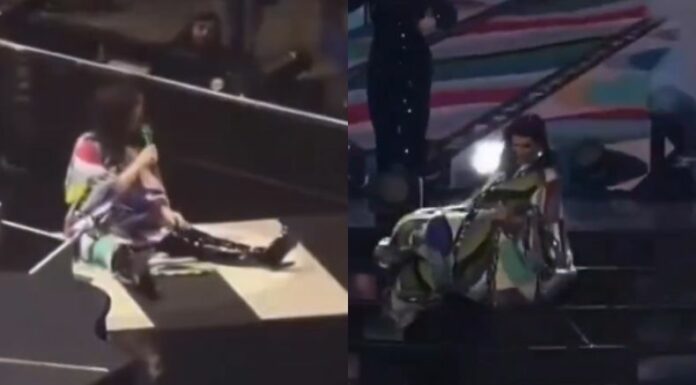 Laura Pausini preocupó a sus fanáticos cuando de repente cayó de unos escalones durante su show en la ciudad italiana.