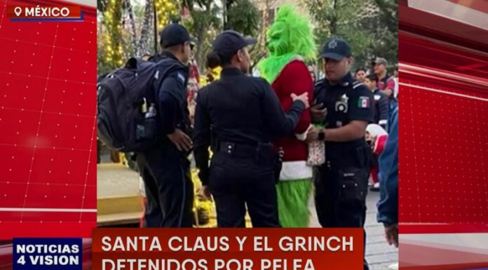 Personas disfrazadas de Santa Claus y el Grinch fueron detenidas por enfrentarse a los golpes en Aguas Calientes, México.