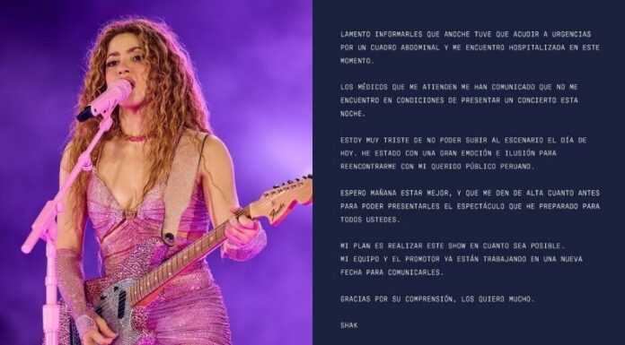 Shakira anunció que fue hospitalizada en Lima por un cuadro abdominal, lo que la obligó a cancelar su presentación de esta noche.