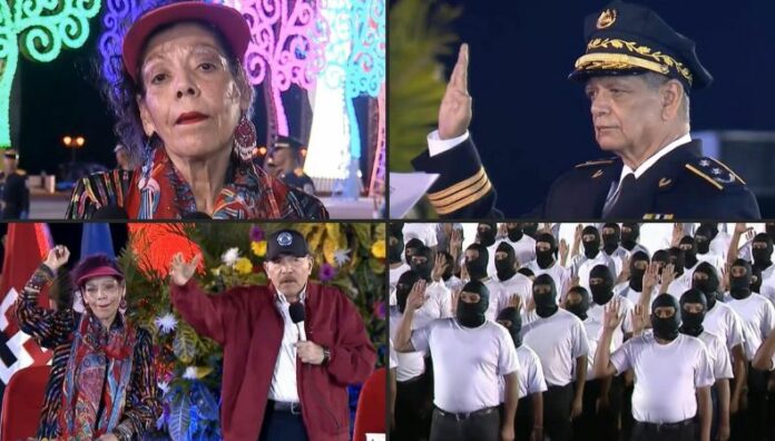 Nicaragua Ortega y su esposa juramentan a 300,000 policías voluntarios encapuchados En la capital del país juraron con la mano en alto ante el presidente Daniel Ortega y su esposa, la copresidenta Rosario Murillo.