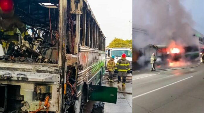 Un autobús interdepartamental se incendió en las cercanías de la Basílica Nuestra Señora de Guadalupe en Antiguo Cuscatlán, La Libertad.