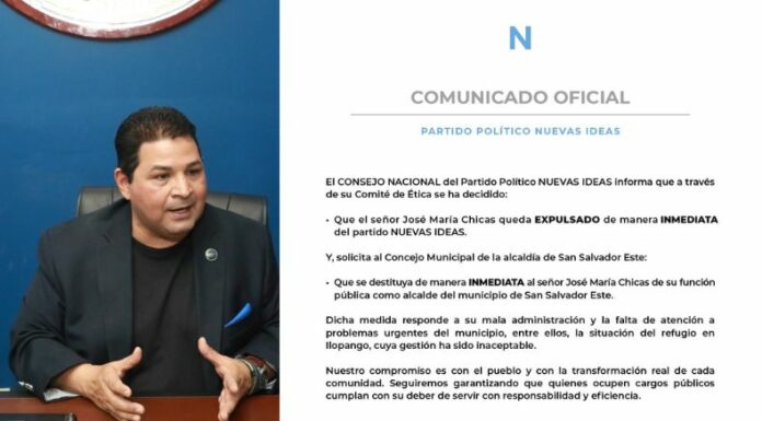 Nuevas Ideas expulsó a José María Chicas del partido y solicitó su destitución como alcalde de San Salvador Este.