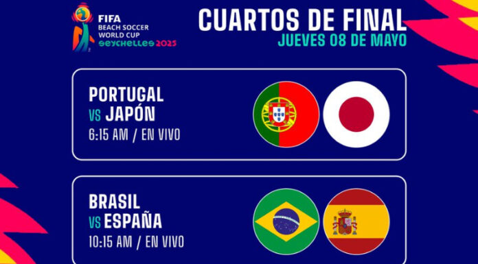 Este jueves 8 de mayo se disputan los cuartos de final de la Copa del Mundo de fútbol playa Seychelles 2025.