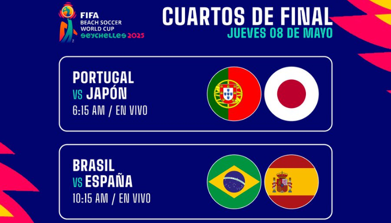 Este jueves 8 de mayo se disputan los cuartos de final de la Copa del Mundo de fútbol playa Seychelles 2025.
