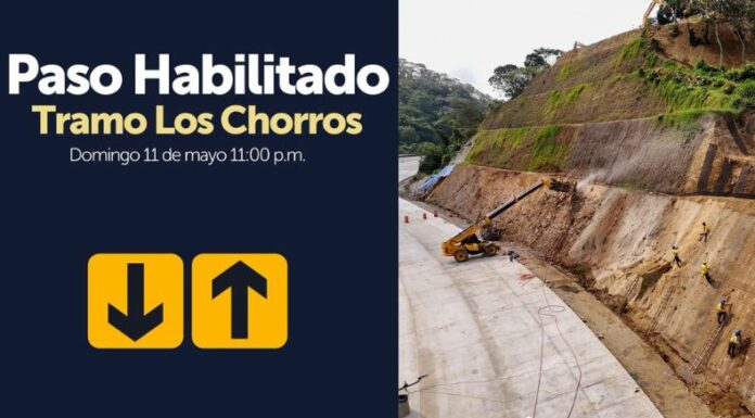 Desde las 11:00 p.m. del domingo 11 de mayo, se reabrirá el paso en la carretera Los Chorros.