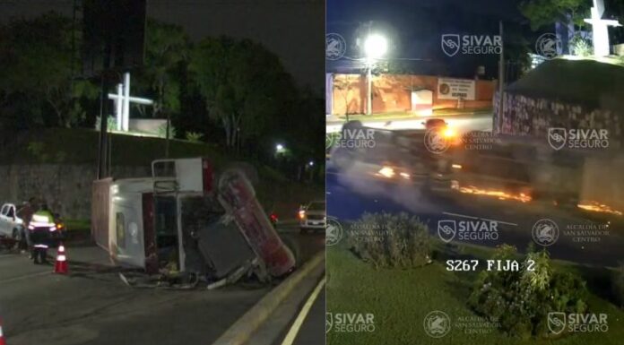 El accidente de la rastra fue captado por cámaras de videovigilancia y generó fuerte congestión vehicular en San Salvador.