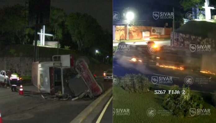 El accidente de la rastra fue captado por cámaras de videovigilancia y generó fuerte congestión vehicular en San Salvador.