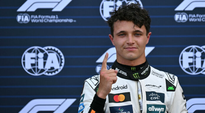 Lando Norris, piloto de McLaren saldrá en la primera posición tras quitarle en la última vuelta la “Pole” al local Charles Leclerc.