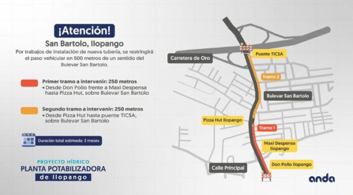 La Administración Nacional de Acueductos y Alcantarillados (ANDA) anunció restricción vehicular en un sentido del bulevar San Bartolo.