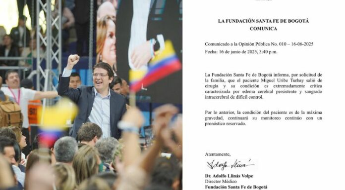 El senador y precandidato presidencial Miguel Uribe Turbay permanece en condición crítica tras una reciente cirugía cerebral.