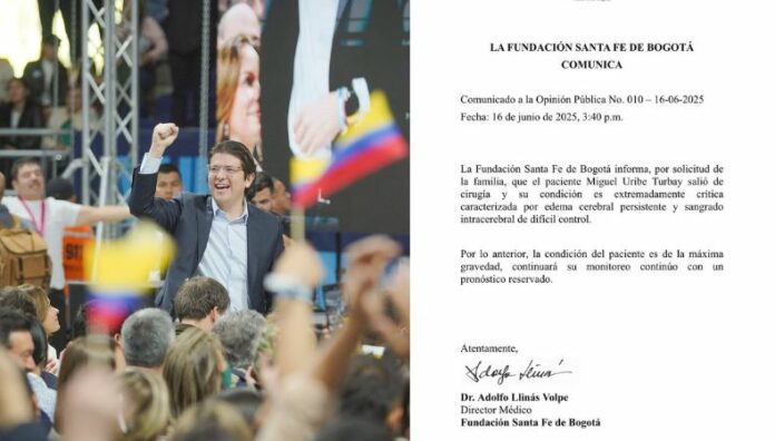 El senador y precandidato presidencial Miguel Uribe Turbay permanece en condición crítica tras una reciente cirugía cerebral.