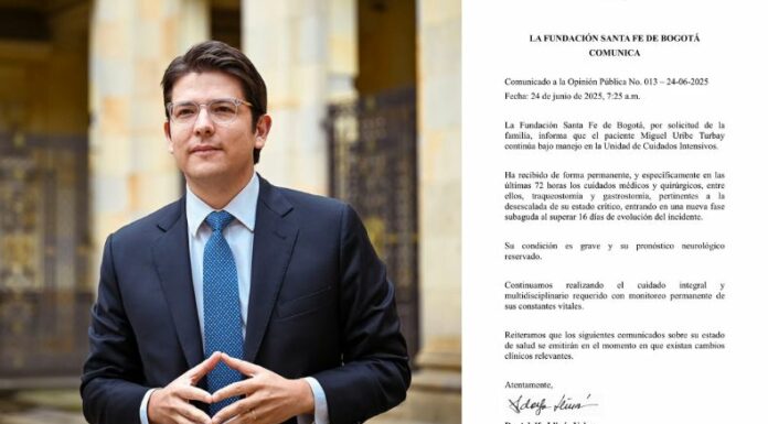 El senador y precandidato presidencial Miguel Uribe Turbay permanece en estado grave y con pronóstico neurológico reservado.