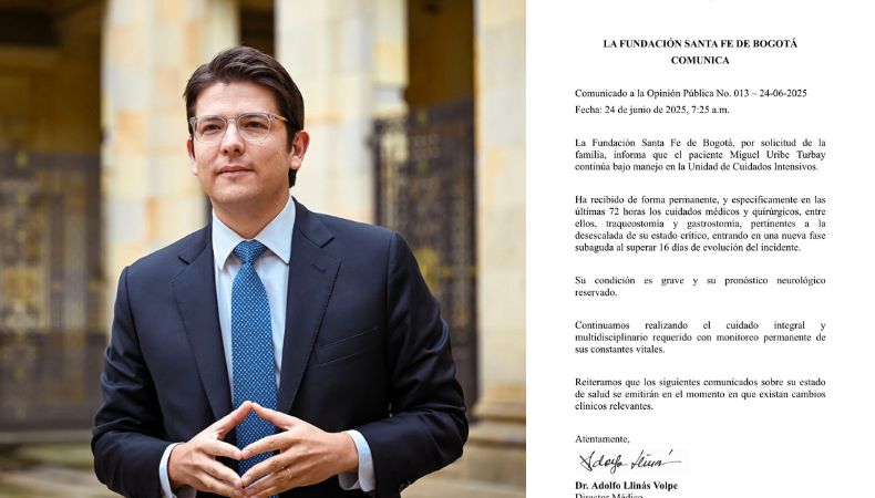 El senador y precandidato presidencial Miguel Uribe Turbay permanece en estado grave y con pronóstico neurológico reservado.
