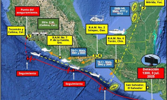 México cambia declaración Ante mensaje del presidente Bukele por avioneta, secretario de seguridad mexicano cambió las palabras “procedente” por “a la altura” de El Salvador.