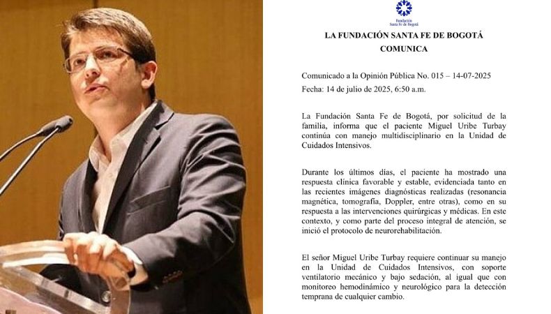 El senador y precandidato presidencial Miguel Uribe Turbay muestra una evolución clínica favorable y comenzará su rehabilitación neurológica.