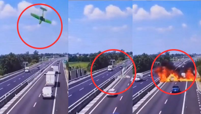 Una cámara de videovigilancia registró el instante en que una avioneta se precipitó sobre una autopista en Italia, causando la muerte de dos personas.